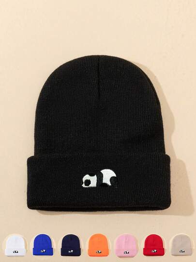 1pc Unisex Autumn/Winter Simple Solid Color Panda Embroidery Knit Beanie Hat, Elastic Soft Comfortable Thin Casual Outdoor Versatile Winter Warm