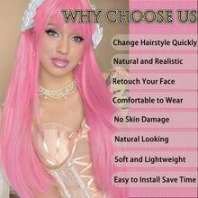 Peluca rosa con flequillo de estilo elegante para mujer, peluca romántica para el Día de San Valentín, peluca de cabello liso extra largo, peluca sintética resistente al calor con capas de cabello rosa para cosplay de anime, peluca ultra larga con flequillo como regalo de cumpleaños, decoraciones navideñas - Rosa - Ver 8