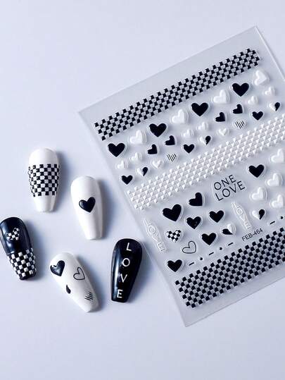 1 Sheet 5D Embossed Nails White Black Heart Sticker DIY Adhesive Manicure Nail Art Sticker Decals