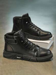 秋季男士高帮靴休闲皮靴百搭英伦复古靴（鞋面线条图案随机，条纹随机，字母随机，鞋舌字母和图案随机）