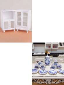 Juego de té vintage de 15 piezas con tetera, taza, plato y vajilla de cerámica blanca miniatura, modelo de casa, decoración de habitación, muebles para muñecas BJD/móviles y fotografía