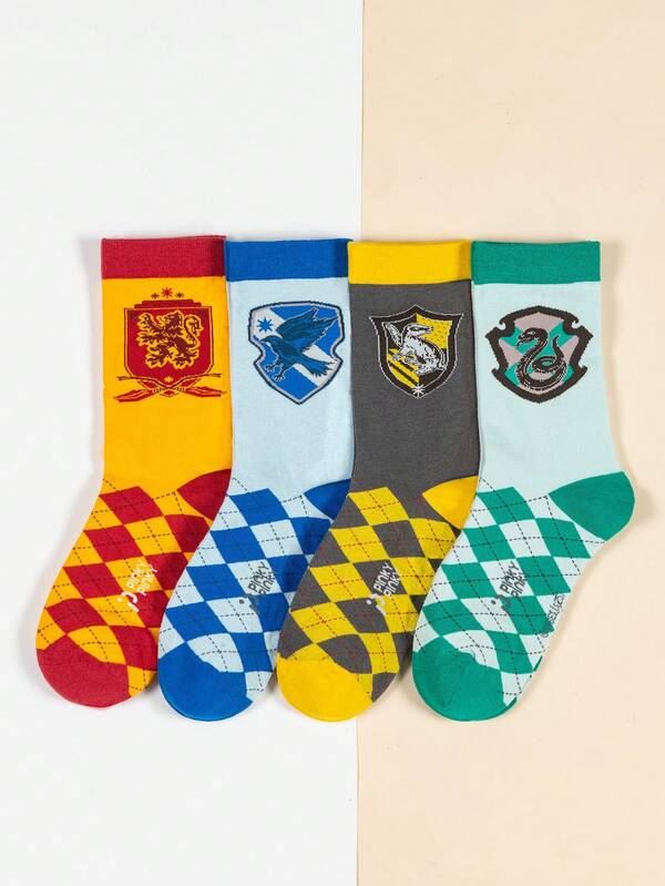 Warner Bros 4 Pairs Harry Potter Style College Breathable Socks For Women & Men, Retro Mid-Calf Socks, JK College Style Peripherals, Christmas Socks, Student Couples Cute