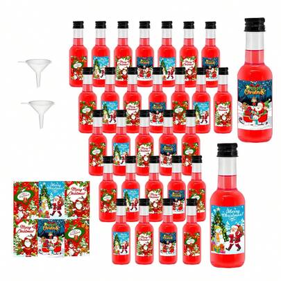 32/4PCS Mini Christmas Liquor Bottle,Beverage Dispensing Bottle,Christmas Decor Bottles,Clear Plastic Bottle,With Golden,Silvery And Black Screw Caps,And With 4 Styles Labels,Such As Snowman, Santa Claus, Gifts And Merry Christmas Wishes,For Christmas Party Supplies,Wedding Gift,Outdoor Holiday Decor,Christmas Decorations