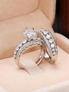 2 PC/Set Luxury Cubic Zirconia Ring For Women For Valentine's Day Gift Wedding Anniversary Party Jewelry