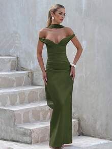 1 chiếc đầm cocktail màu trơn, kiểu dáng thanh lịch, trễ vai, ôm eo, dáng suông, thích hợp cho đám cưới, tiệc cocktail mùa xuân. - Màu xanh Ô liu - Xem 2