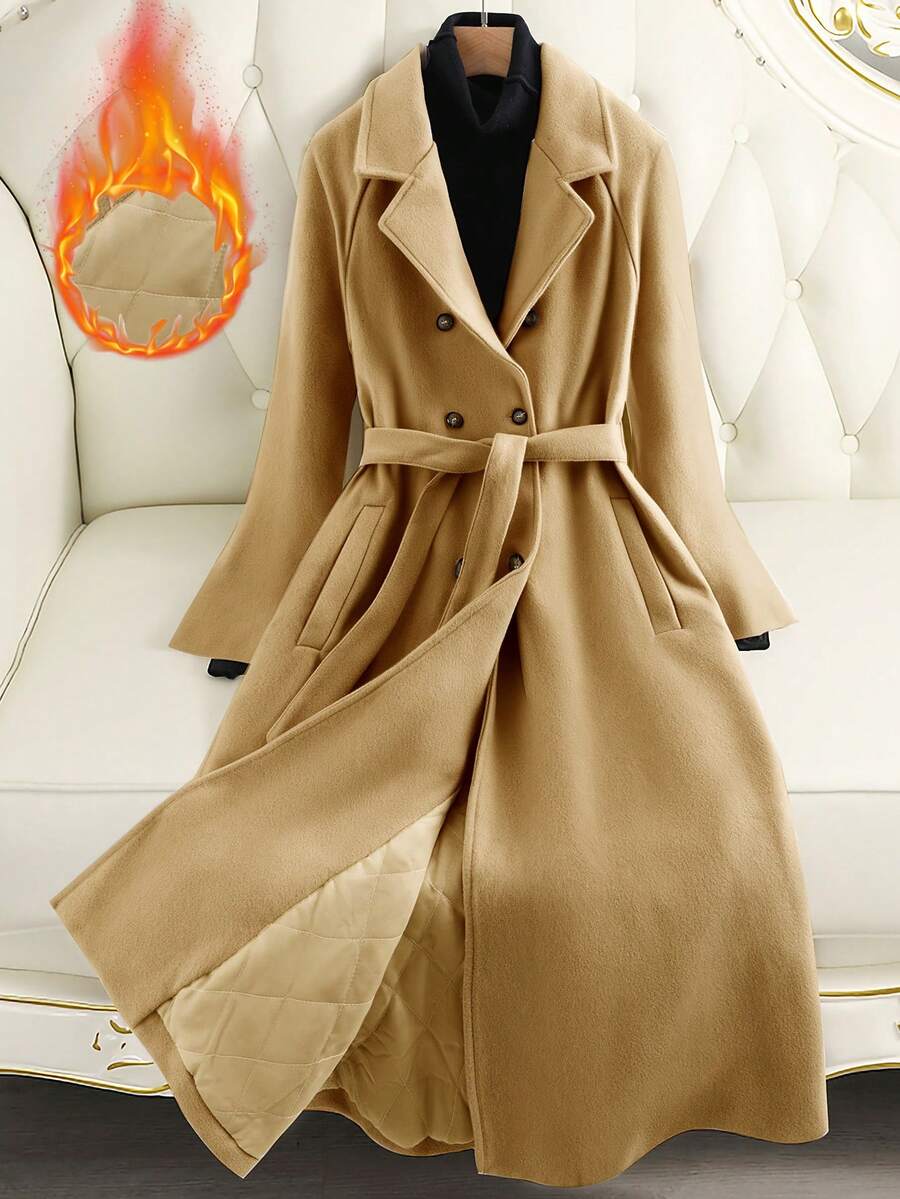 Elegant Ladies Coat, Fall And Winter Women's Long Sleeve Lapel Double Button Belted Long Coat With Pockets, Warm Regular Fit, Daily Casual, Dating Dinner All Right.