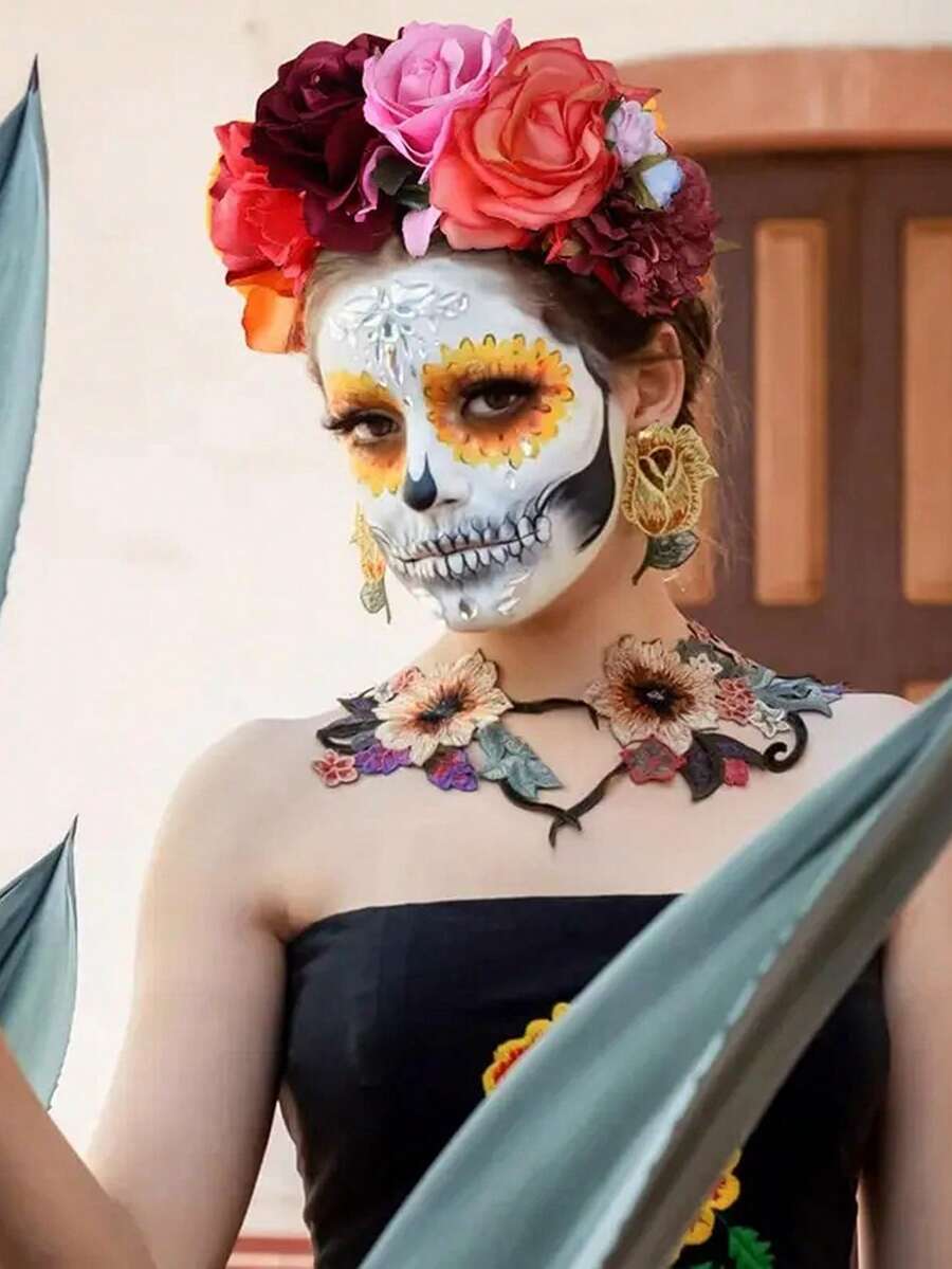 1pc Women Halloween Party Headband Cosplay Costume Accessory, Polyester Fabric Multi-Color Rose Flower Headband, Retro Mexican Headpiece, Maternity Photo Shoot Boho Vacation Hair Decor, Hair Band, Hair Hoop ,Hairband For Women