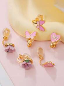 6piece Teen New Pink Princess Oil Drop Butterfly Ear Clip Super Cute Earrings - Multicolor - View 6