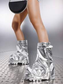 Women's Fold Over Slouchy Shark Boots Pleated Chunky Heel Mid Calf Versatile Platform Pull On Boots Silver Black Winter Fall Boots - Bạc - Xem 3