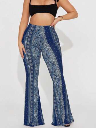 女式针织面料喇叭裤，抽象图案，中长弹力设计，舒适时尚