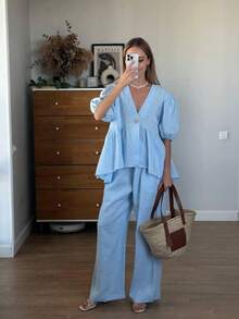 2 件套女士休闲优雅服装，包括泡泡灯笼袖 V 领上衣和松紧腰口袋裤，轻薄透明面料，适合休闲、晚会、海滩、婚礼、花园、街头 - 藍色 - 查看 2