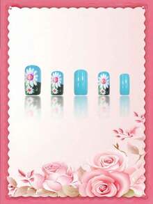 24pcs High-End Salon-Quality Press-On Nails: Mixed Length Gradient, Pink Gradient, Jelly Nails, Glossy Coffin Fake Nails, Blue Gradient 3D Press-On Nails With Butterfly & Pearl 3D Decorations, Solid Color Cat's Eye Press-On Nails, Glitter Fake Nails For Short - 多色 3 - 查看 3