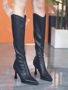 2025秋冬新款尖头高跟过膝长靴女款修身弹力靴筒时尚 - 黑色 - 查看 5