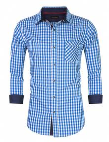 Camisa de hombre a cuadros de guinga, clásica de botones, blusas casuales - Azul - Ver 1