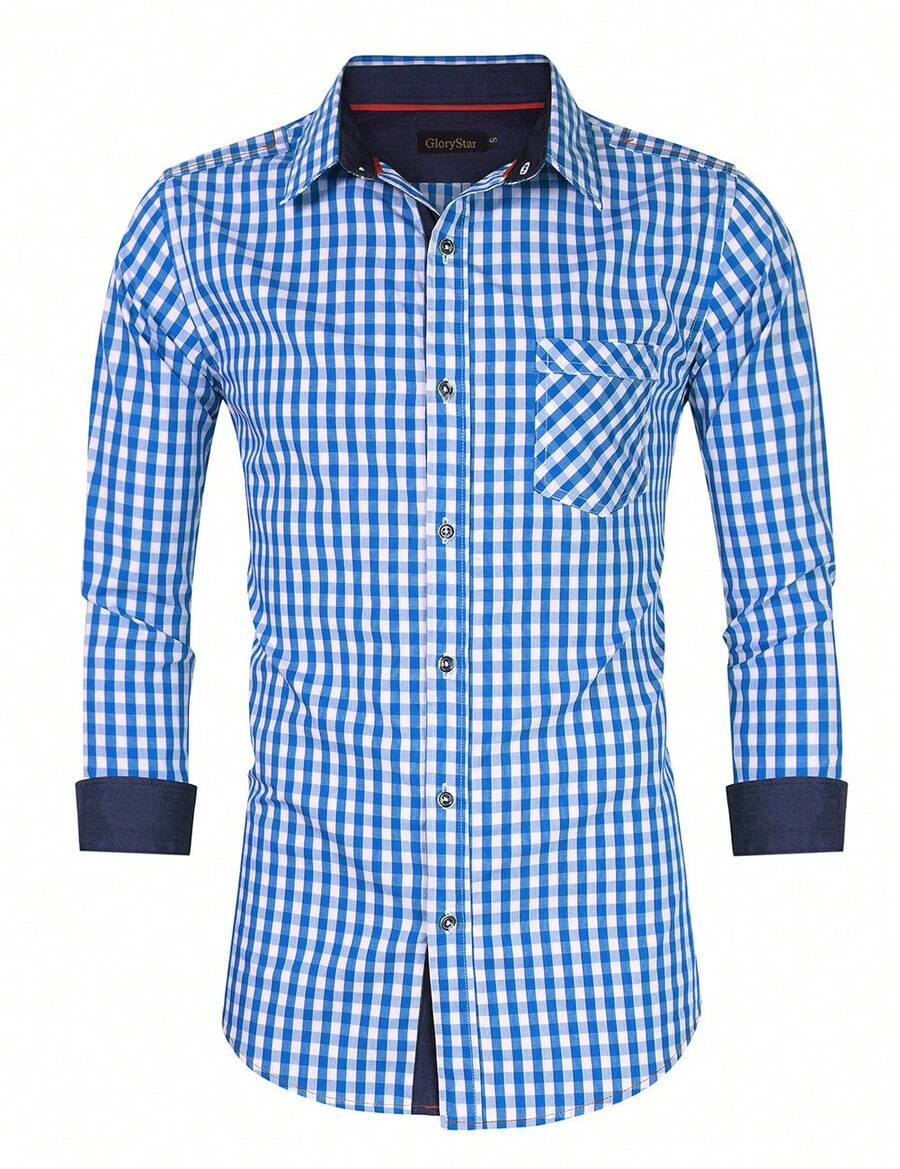 Camisa de hombre a cuadros de guinga, clásica de botones, blusas casuales - Azul - Ver 1