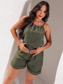 New Fashion Women's Linen Set - 軍綠色 - 查看 2