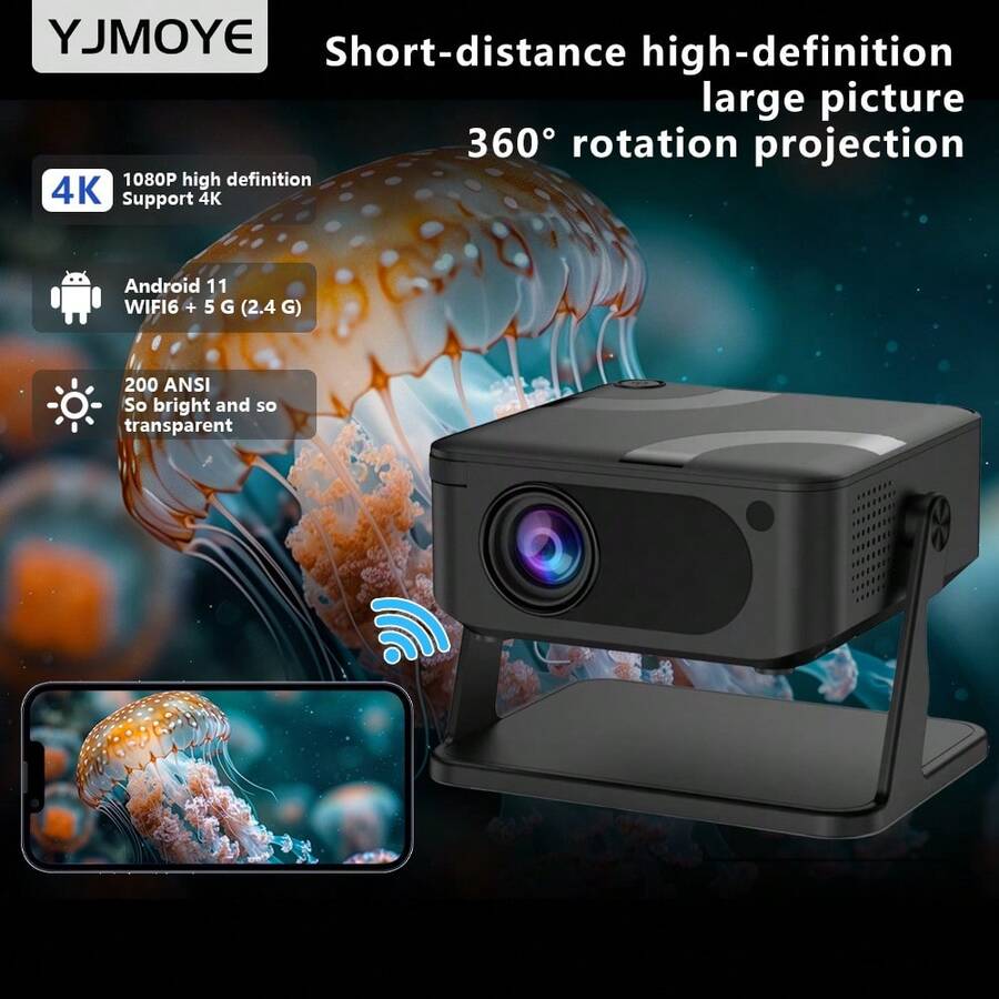 YJMOYE YJMOYE Mini Projektor, tragbarer 1080P Smart Movie Projektor Heimkino Kurzdistanz 150 Zoll Kino WLAN6 Smartphone Kabellos Spiegeln kompatibel mit Android/iOS