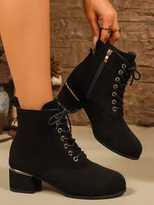 秋冬新款粗跟系带黑色靴子，女士优雅百搭金属扣侧拉链踝靴 - 黑色 - 查看 4