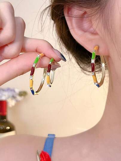 1 Pair Colorful Dopamine C-Shaped Earrings For Women, Gold Tone, Elegant For Vacation, Travel, Wedding, Suitable For Daily Wear, Gift For Mom's Birthday, Couples Anniversary