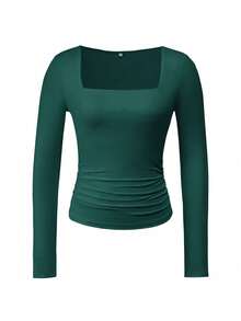 Vaiaye 女士春夏 Y2K 方领长袖修身 T 恤，纯色性感上衣，适合情人节休闲穿着 - 墨綠色 - 查看 3