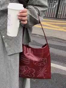 韩国复古小众设计印花腋下单肩包百搭时尚红色方形包包通勤出游日常购物 - 酒紅色 - 查看 2