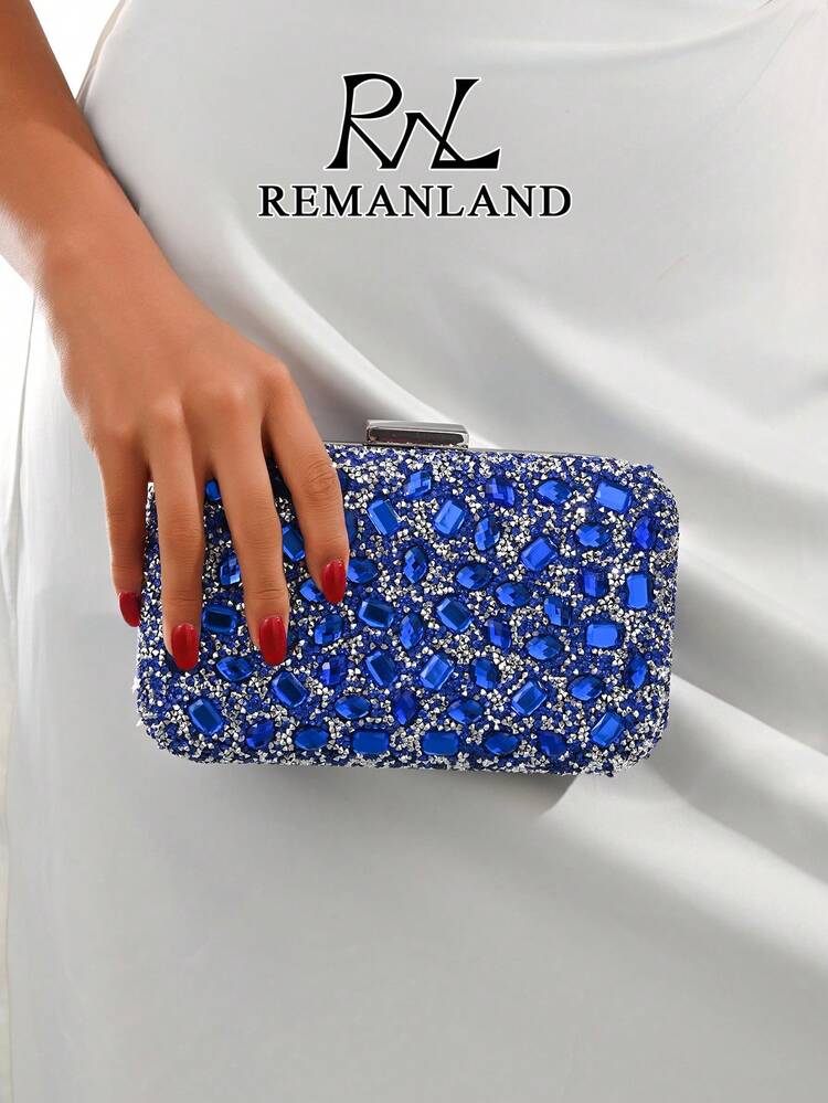 REMANLAND Shiny Elegant Box-Shaped Clutch, Fashionable Handbag With Blue Rhinestone Chain, Suitable For Women's Party, Wedding, Formal Dinner, Banquet, Ideal For Party Girls And Women, Also A Great Gift For Female , Blue - Royal Blue - View 3