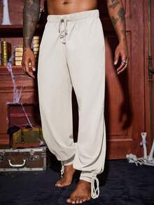 Men's Medieval Viking Pirate Pants Banded Ankle Lace Up Cotton Renaissance Gothic Halloween Costume Trousers - Beige - View 1