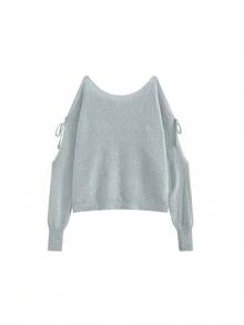 New Arrival Early Autumn Korean Style Off-Shoulder Tie-Up Lightweight Sheer Cover-Up Tops - Grey - View 5