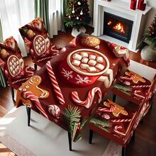 1/4/5/6/7/36 pièces Tasse rouge de Noël avec motif flocon de neige, remplie de boisson chaude et de guimauve, entourée de canne en bonbon, bonhomme en pain d'épices, cadeau de Noël, ensemble de housse de chaise imprimée de branche de pin, convient pour la maison, le restaurant, l'hôtel, idéal pour la décoration quotidienne moderne. Nappe carrée, housse de chaise élastique lavable.
