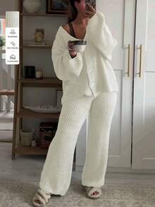 2 Pieces Set Autumn/ Winter New Women's Casual Cute Suits Loose Solid Color Button Cardigan Long-Sleeved Knitted Sweater Top Knit Pants Suitable For Daily Wear Home Loungewear Cozy Chic Fall Winter Going Out Outfits Clothes