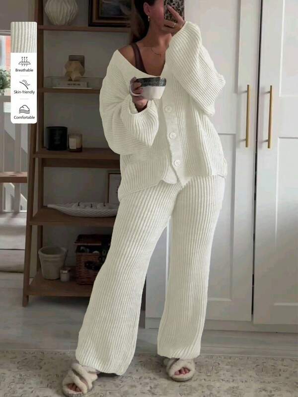 2 Pieces Set Autumn/ Winter New Women's Casual Cute Suits Loose Solid Color Button Cardigan Long-Sleeved Knitted Sweater Top Knit Pants Suitable For Daily Wear Home Loungewear Cozy Chic Fall Winter Going Out Outfits Clothes