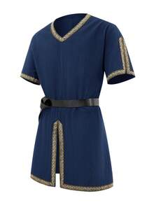 Men's Medieval Pirate Tunic Short Sleeve Linen Renaissance Viking Knight Style LARP & Halloween Costume Top - 藏蓝色 - 查看 4