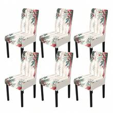 1/4/5/6/7/36 piezas Hojas verdes, bayas rojas, copos de nieve y cinta roja de Navidad, conjunto de fundas de silla/asiento con estampado de textura de madera falsa, adecuado para uso en interiores, hogar, restaurante, hotel, ideal para decoración diaria moderna. El mantel se ajusta a la mesa de comedor cuadrada, las fundas de silla elásticas son lavables. - Multicolor - Ver 12