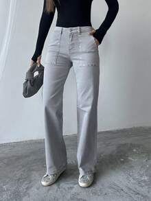 Pantalones anchos de mujer con estampado de piedra - Gris - Ver 6
