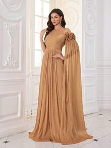 Rochie de seară maxi UNITHORSE pentru femei, cu umeri oblici, mâneci extra lungi, din imitație de lyocell, lucrată manual, cu flori tridimensionale, croială slim