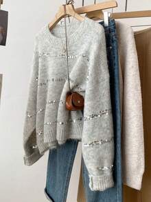 Oversized Glitter Embellished Gray Sweater, French Casual Style Loose Knit Top, Wool Pullover For Autumn - Grey - View 4