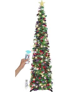 Árbol de Navidad artificial desplegable de 1.8 metros con 100 luces LED con cronómetro, árbol de Navidad de oropel verde, decoración de festividades para el hogar, oficina, fiesta - Rosa - Ver 12