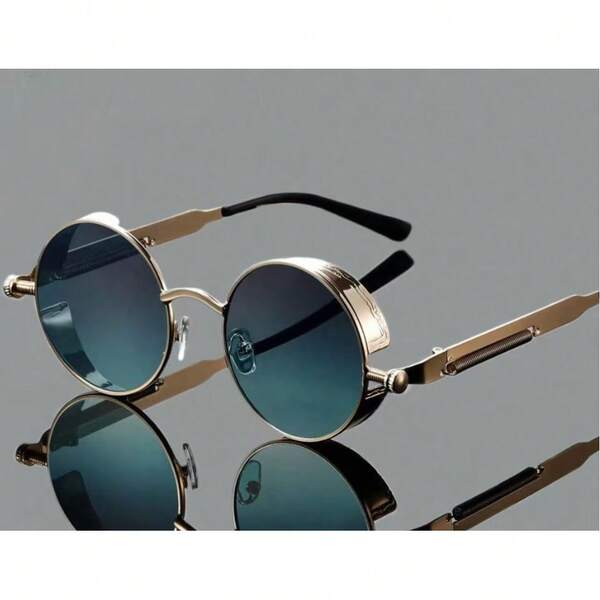 1 pieza Gafas redondas de marco completo para mujer, gafas de metal con patas decorativas de resorte elegantes, gafas verdes de estilo vintage y steampunk, adecuadas para viajar y usar en la calle