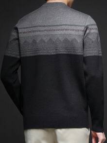 Jersey de cuello redondo grueso para hombre, suéter de punto jacquard de estilo casual de negocios de manga larga, adecuado para usar en capas o como prenda exterior, con estampado de cuadros y rayas, para otoño/invierno