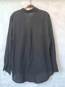 Women's Long Sleeve Linen Shirt - 黑色2 - 查看 3