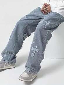 China-Chic High Street Cross Patch Jeans Male Hip Hop Ruffian Shuai Fried Street Straight Tube Loose Leg Pants - Màu xanh lam - Xem 4