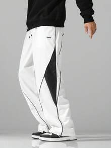 男士街头风运动裤 - 轻盈涤纶运动裤，侧边条纹，带口袋和抽绳腰带，撞色休闲运动裤，适合街头穿着、慢跑、户外休闲、健身房等场合，时尚百搭。 - 白色 - 查看 2