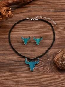 3pcs/Set Vintage Western Cowboy Style Bull Head Element Pendant Jewelry Set Including Necklace And Earrings, Unique Animal Western Design Accessories Suitable For Daily Wear
