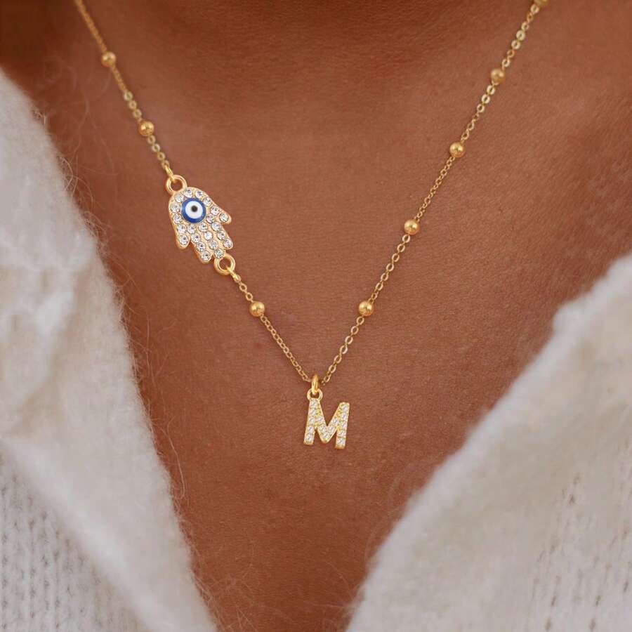 1件新款经典字母哈姆萨之手金色不锈钢珠链项链，女士款 - 金黃色 - 查看 1