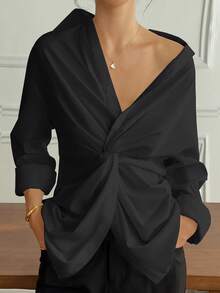 Women Solid Color Drop Shoulder Long Sleeve Twist Front Shirt - Black - View 5