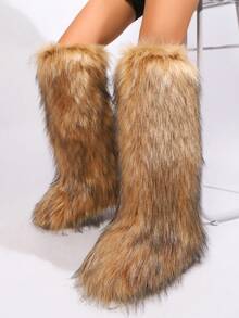 New Winter Warm Plush Faux Fur Snow Boots In Black And Brown Ankle Length, With Soft Lining And Comfortable One Foot Design, Suitable For Outdoor And Indoor Wear In Cold Weather. Men's And Women's Couple Snow Boots, Christmas And Halloween Fashion Outdoor Warm Boots, Faux Fur Long Fur Floor Boots, Classic And Versatile Snow Boots For Women, Black Knee High Boots - 棕色 - 查看 4