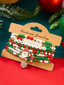 8Pcs Christmas Themed Charm Bracelet Set,Women's Jewelry Set For Party,Festival Gift For Family&Friends,Santa&Snowflake&Candy Cane&Heart&Star
