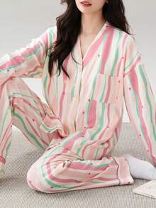 [PONX]2pcs/Set Women Soft Sleepwear Pajama Set, V-Neck Long Sleeve Top And Pants, Comfortable For Home Wear, Spring/Autumn, Fall Winter Clothes - Multicolor - View 3