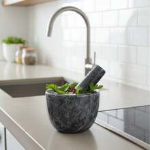 BLOOM STORE - Mortero Granito con Mano, Resistente, Duradero, Especias, Hierbas, Moledor Piedra Pulida, 8X10.5CM - Gris - Ver 1