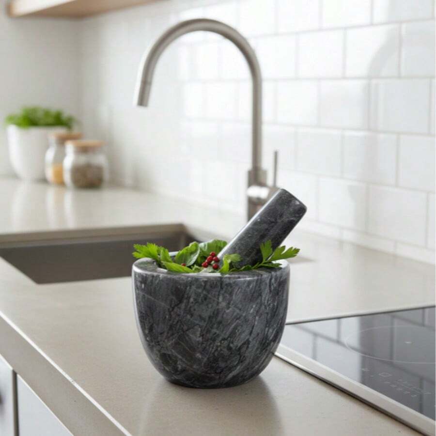 BLOOM STORE - Mortero Granito con Mano, Resistente, Duradero, Especias, Hierbas, Moledor Piedra Pulida, 8X10.5CM - Gris - Ver 1